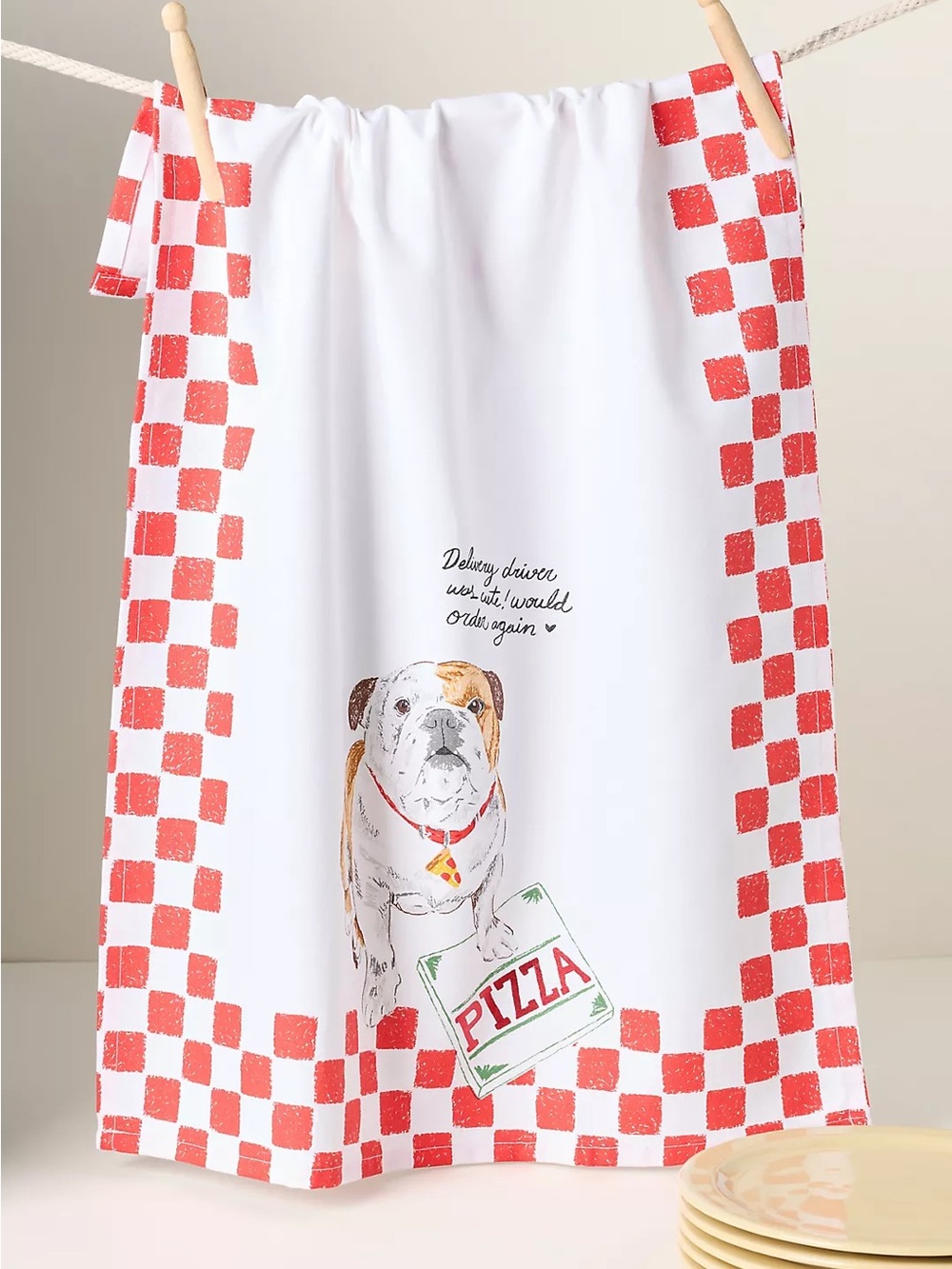 ANTHROPOLOGIE Dog Pizza Delivery Driver Dish Towel White/Red $24 NWT